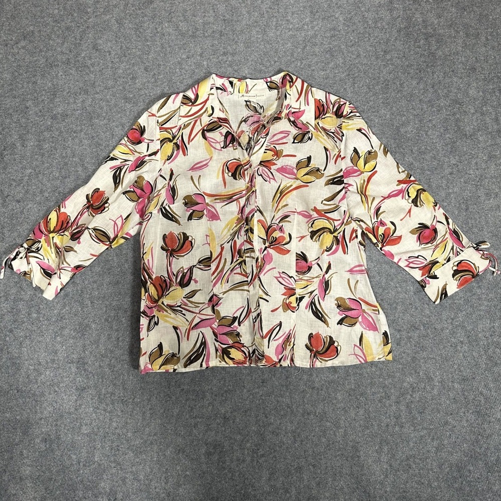 JM Collection Petite Floral Button-Up 10P White Pink 100% Linen Shirt